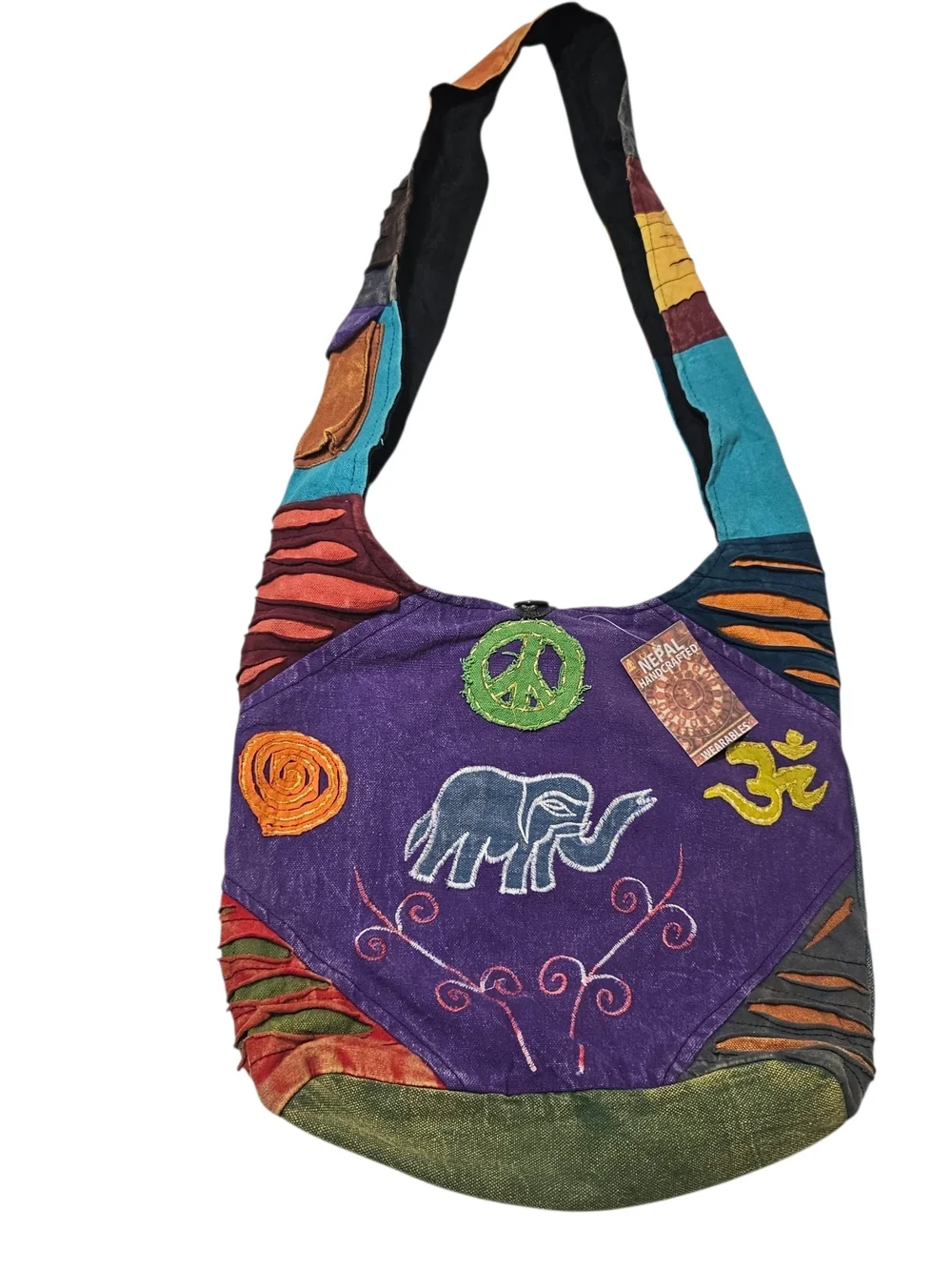 NWT Nepal Handcrafted Boho Patchwork Crossbody Sling Bag Elephant Om Peace Sign